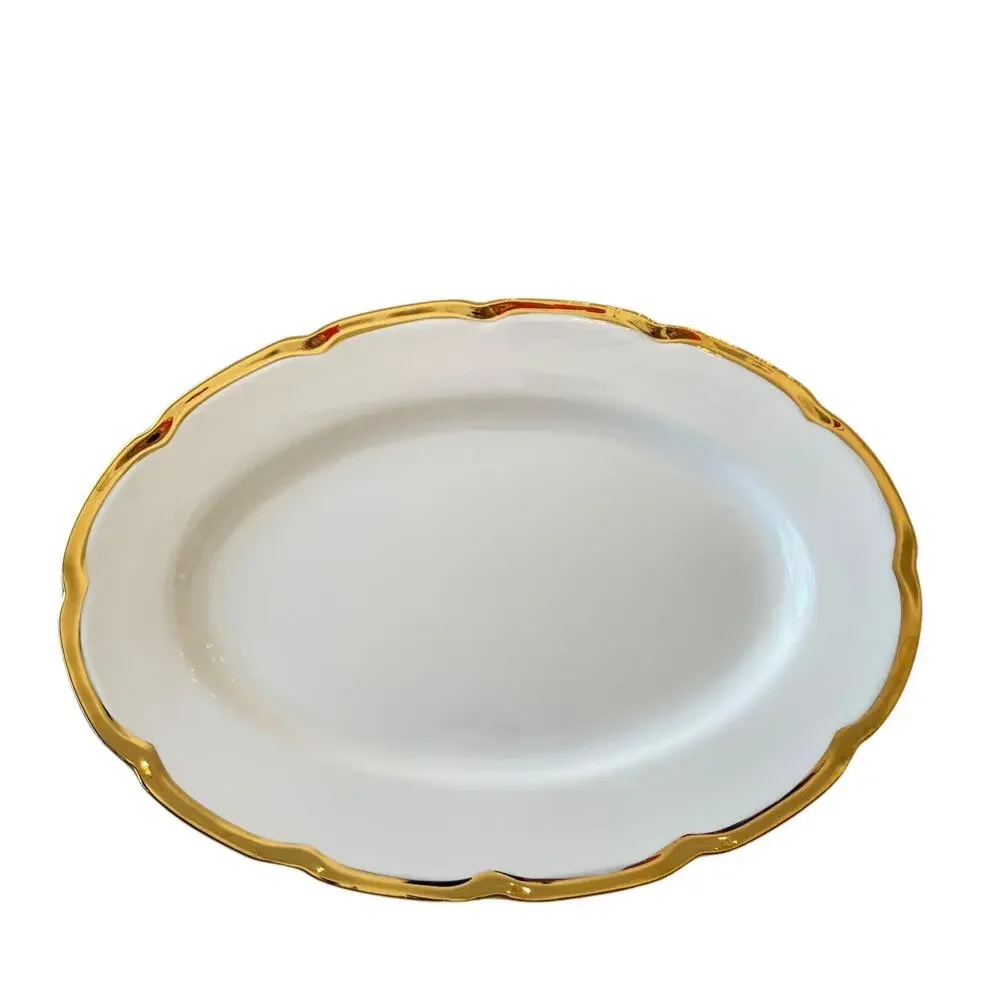 Yedi White Oval Serving Platter 14in Ceramic Gold Rim New